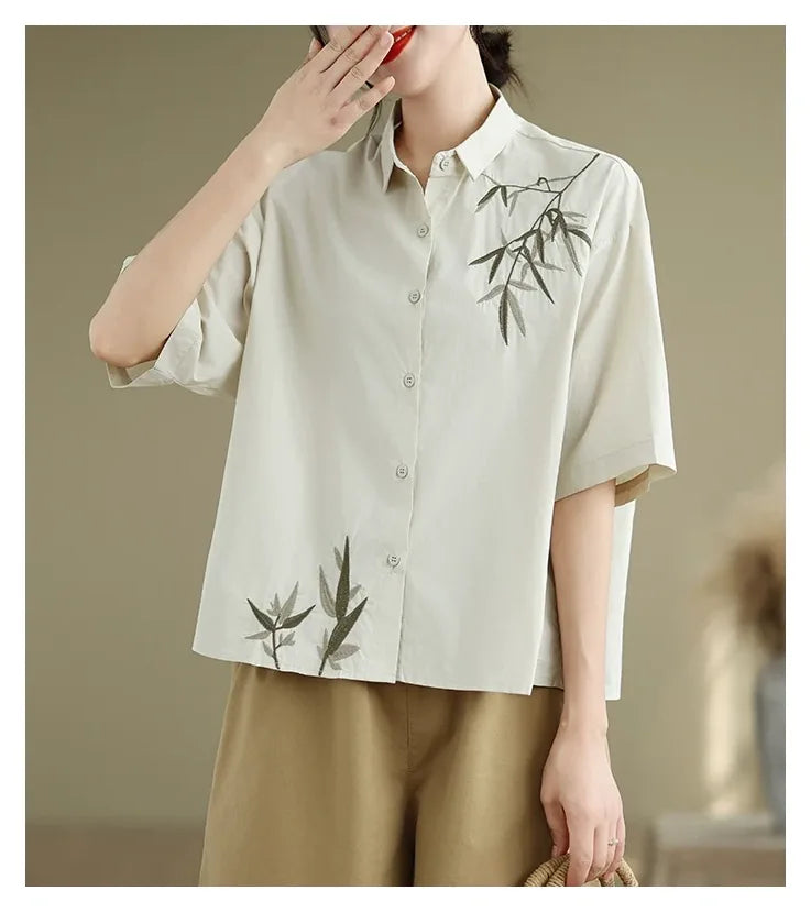 Embroidered Half Sleeve Shirt with Standard Collar - detail view