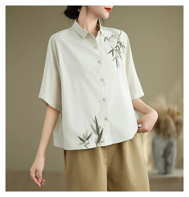 Embroidered Half Sleeve Shirt with Standard Collar - detail view