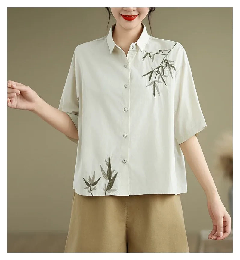 Embroidered Half Sleeve Shirt with Standard Collar - detail view