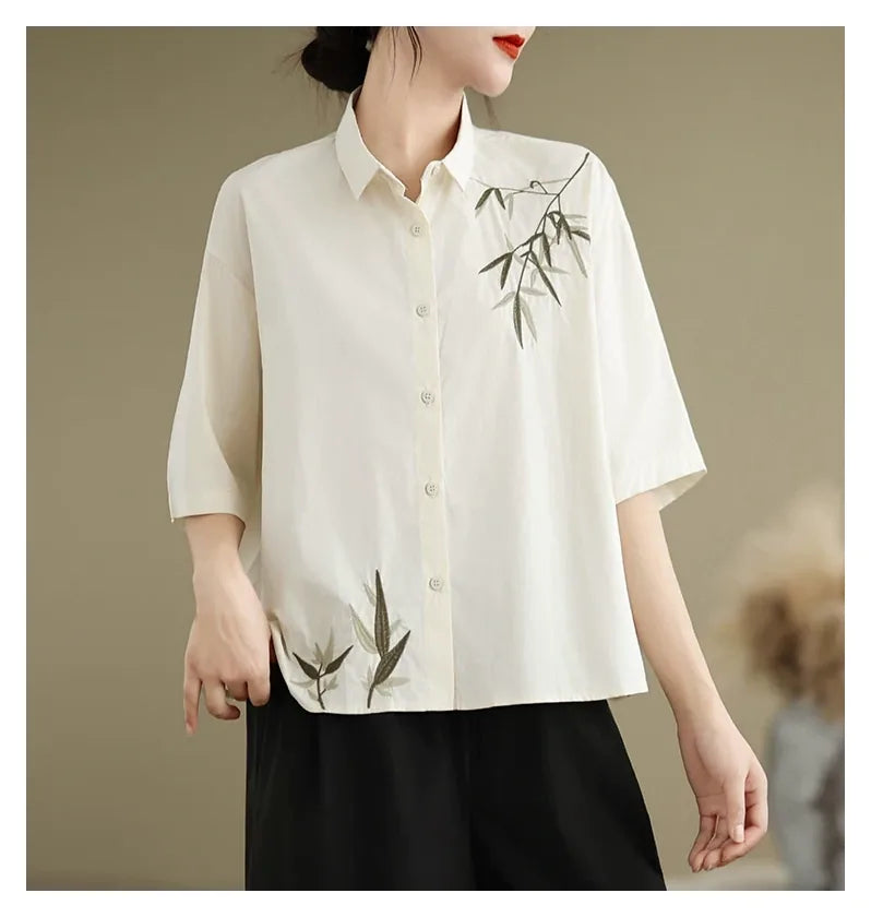 Embroidered Half Sleeve Shirt with Standard Collar - detail view