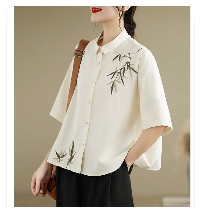 Embroidered Half Sleeve Shirt with Standard Collar - detail view