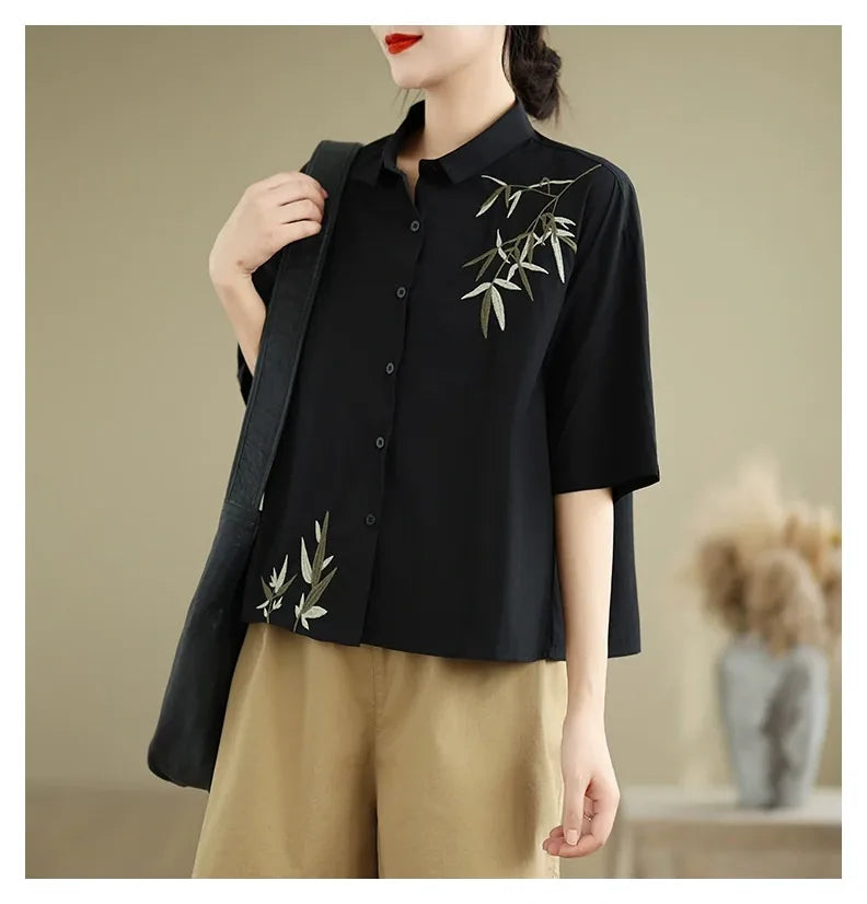 Embroidered Half Sleeve Shirt with Standard Collar - detail view