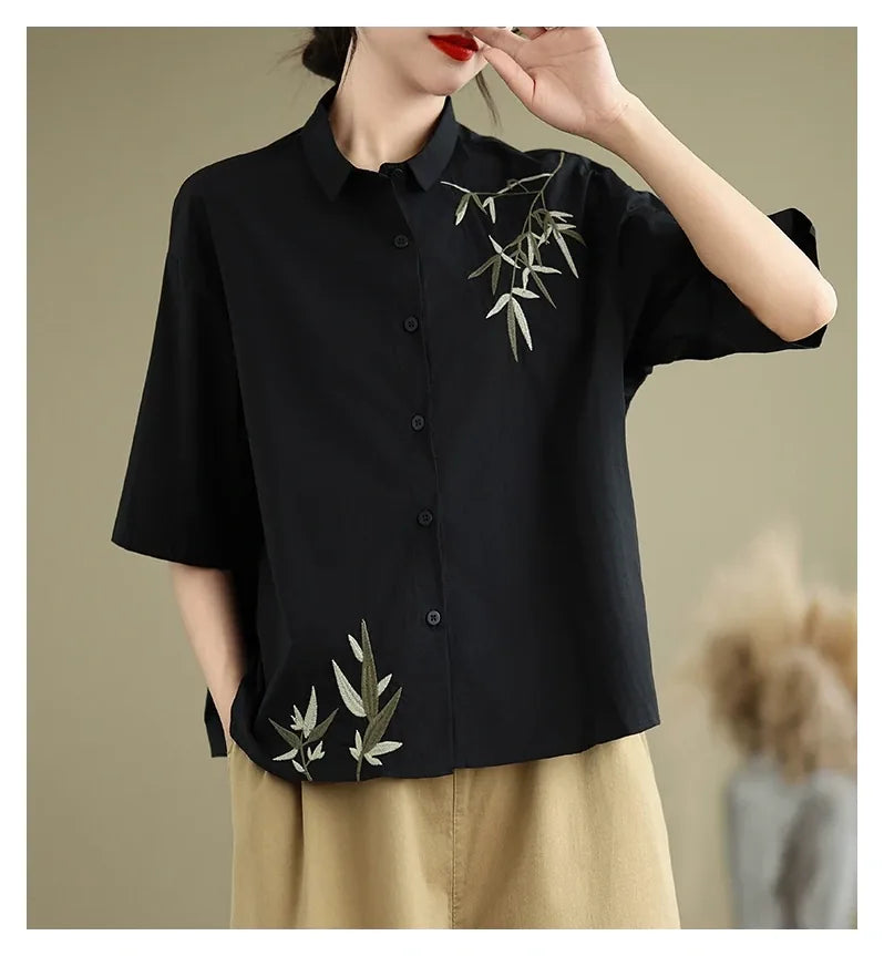Embroidered Half Sleeve Shirt with Standard Collar - detail view