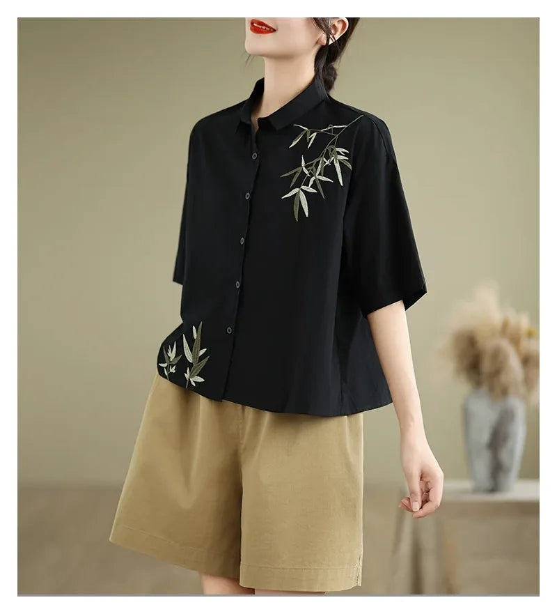 Embroidered Half Sleeve Shirt with Standard Collar - detail view
