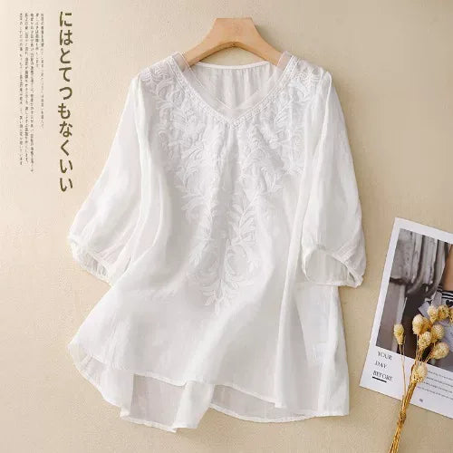Embroidered Half Sleeve V-Neck Blouse, Cotton Linen - color option view