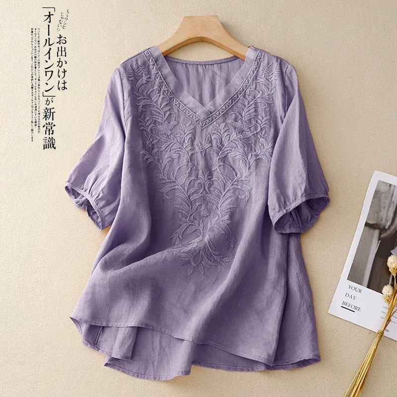 Embroidered Half Sleeve V-Neck Blouse, Cotton Linen - color option view