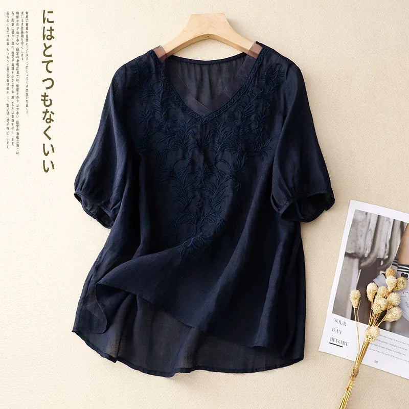 Embroidered Half Sleeve V-Neck Blouse, Cotton Linen - color option view