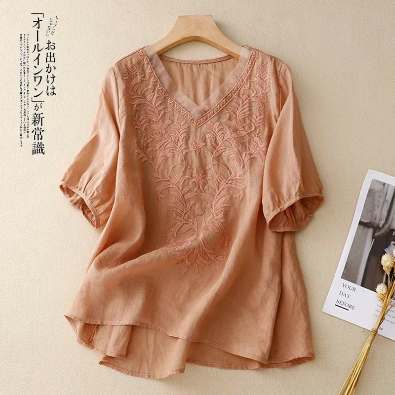 Embroidered Half Sleeve V-Neck Blouse, Cotton Linen - color option view