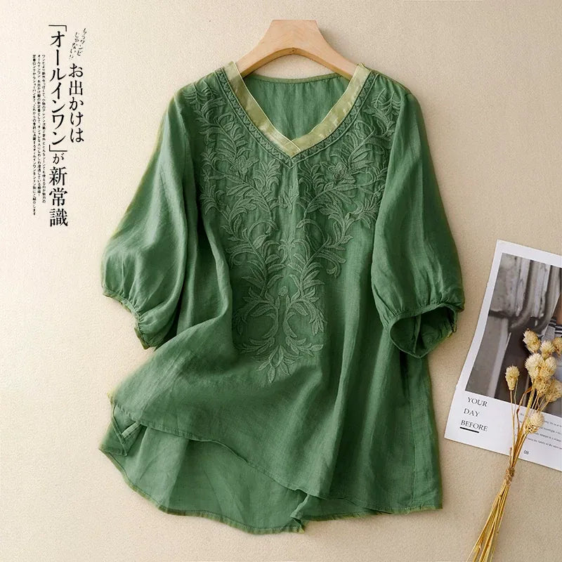 Embroidered Half Sleeve V-Neck Blouse, Cotton Linen - color option view