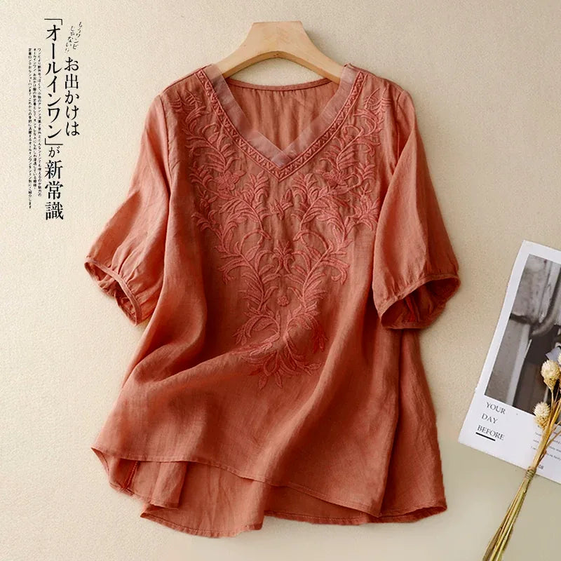 Embroidered Half Sleeve V-Neck Blouse, Cotton Linen - color option view
