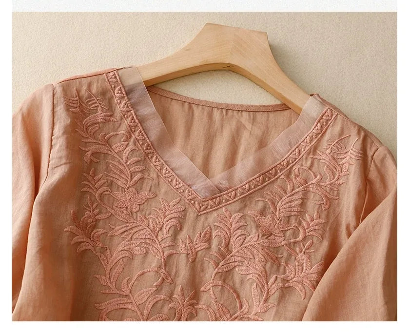 Embroidered Half Sleeve V-Neck Blouse, Cotton Linen - detail view