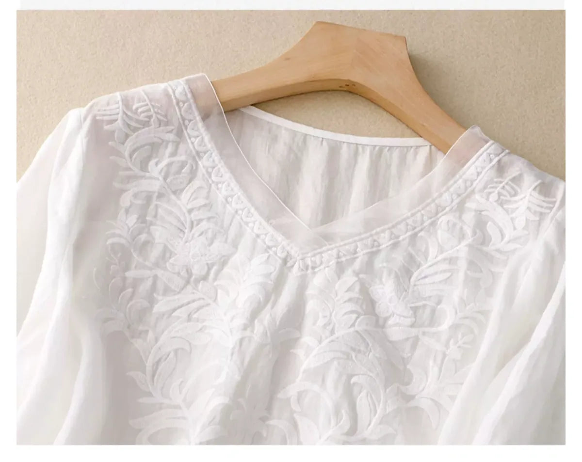 Embroidered Half Sleeve V-Neck Blouse, Cotton Linen - detail view