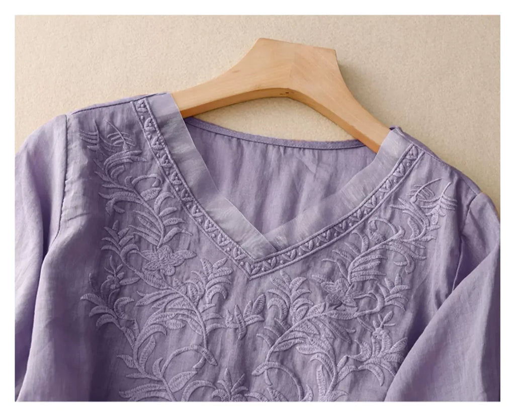 Embroidered Half Sleeve V-Neck Blouse, Cotton Linen - detail view