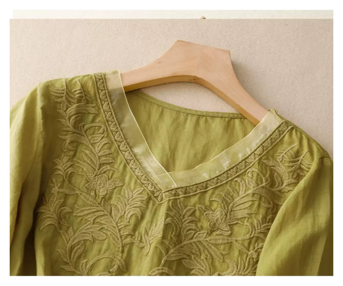 Embroidered Half Sleeve V-Neck Blouse, Cotton Linen - detail view