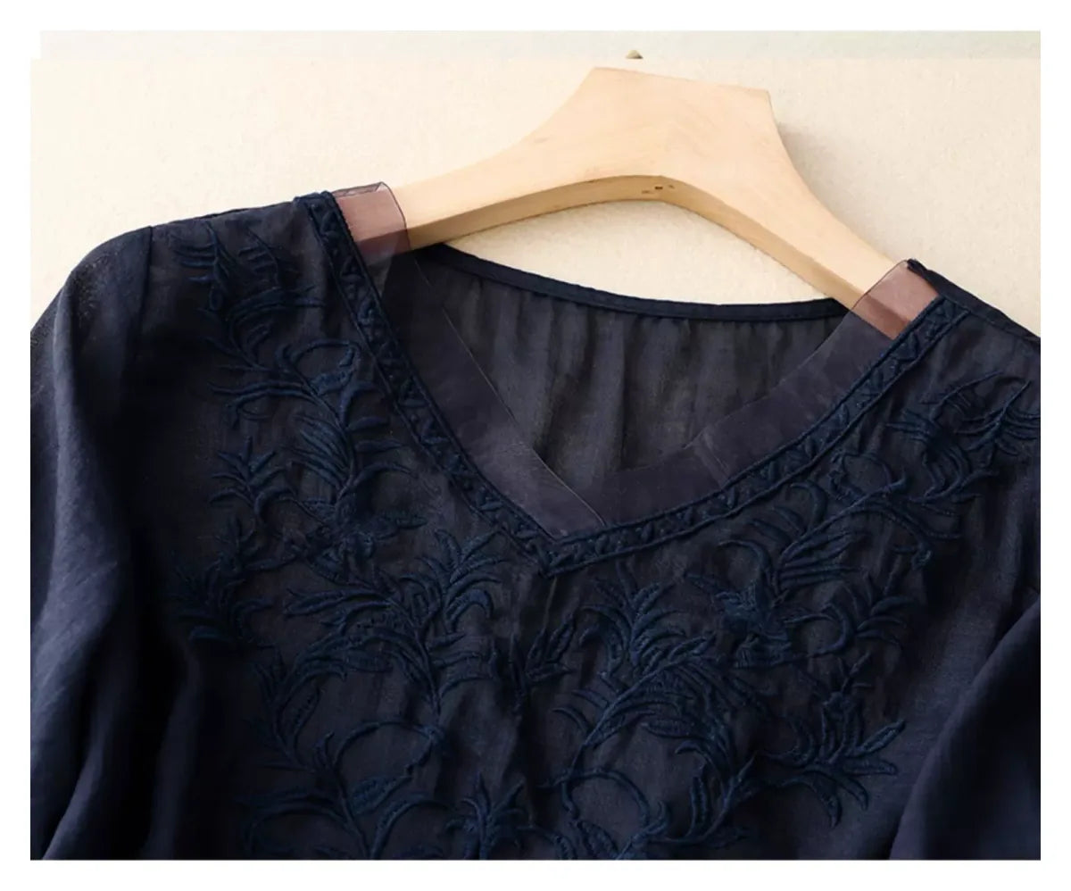 Embroidered Half Sleeve V-Neck Blouse, Cotton Linen - detail view