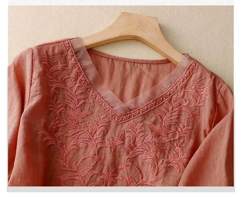Embroidered Half Sleeve V-Neck Blouse, Cotton Linen - detail view