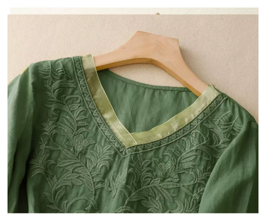 Embroidered Half Sleeve V-Neck Blouse, Cotton Linen - detail view