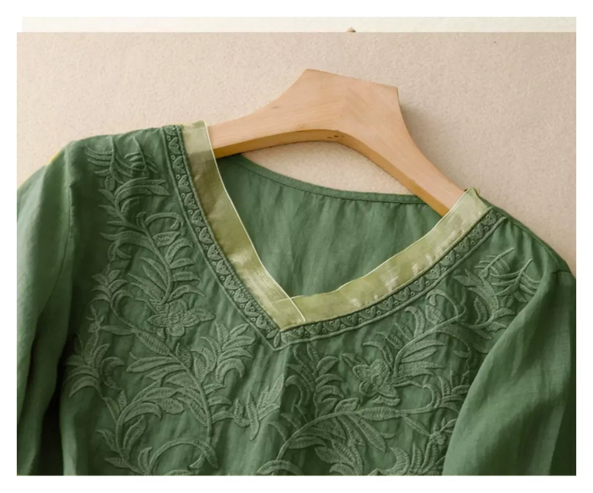 Embroidered Half Sleeve V-Neck Blouse, Cotton Linen - detail view