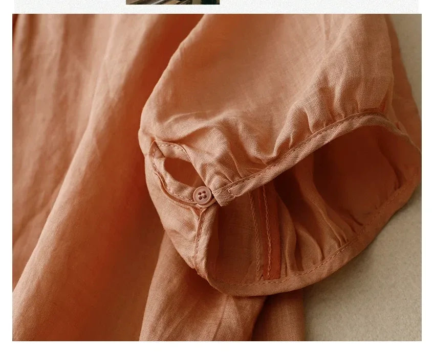 Embroidered Half Sleeve V-Neck Blouse, Cotton Linen - detail view