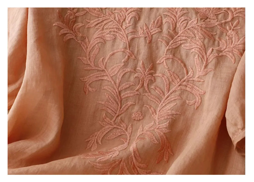 Embroidered Half Sleeve V-Neck Blouse, Cotton Linen - detail view