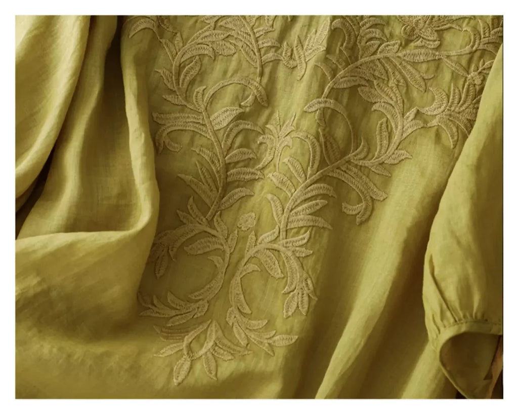 Embroidered Half Sleeve V-Neck Blouse, Cotton Linen - detail view