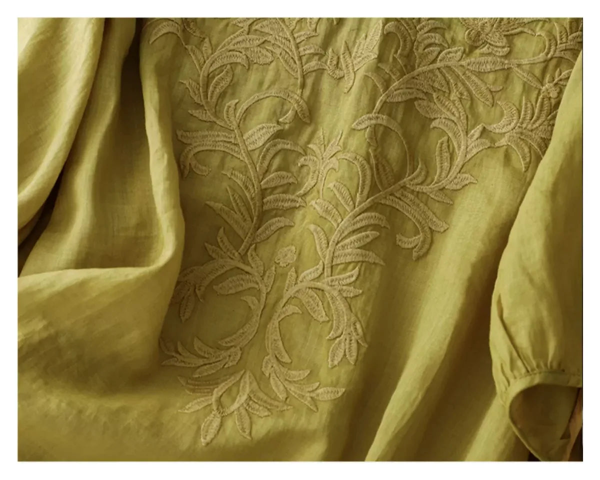 Embroidered Half Sleeve V-Neck Blouse, Cotton Linen - detail view