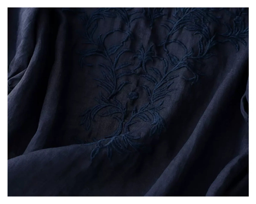 Embroidered Half Sleeve V-Neck Blouse, Cotton Linen - detail view
