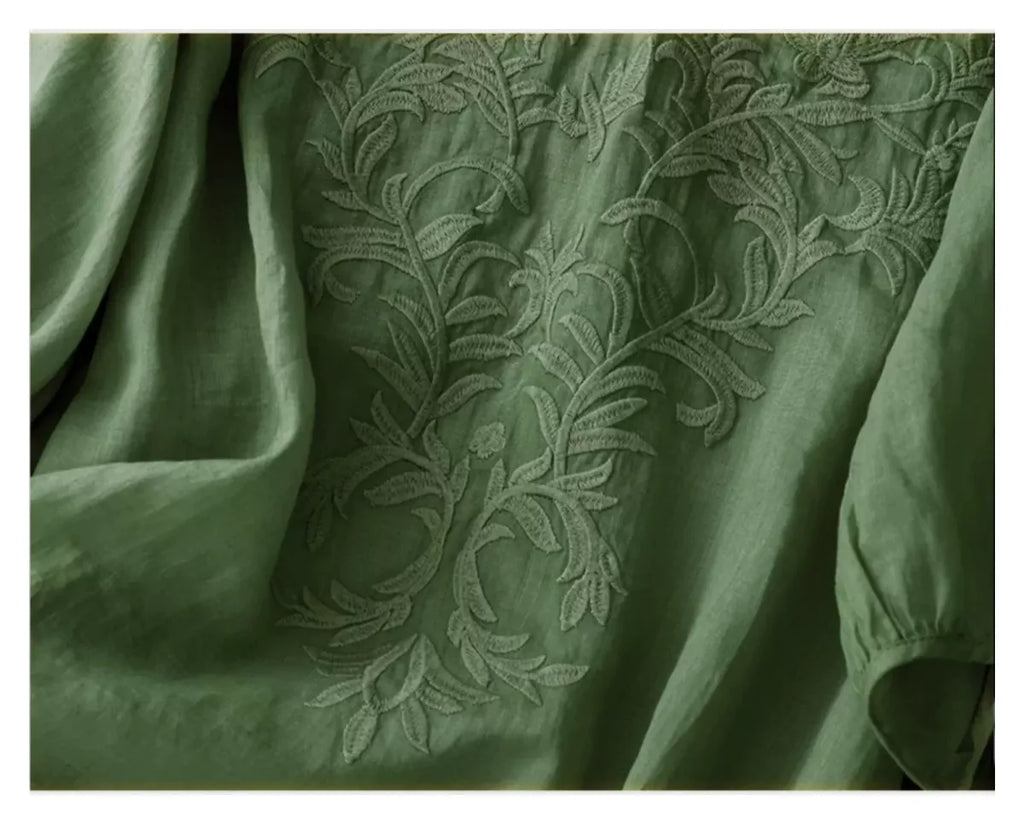 Embroidered Half Sleeve V-Neck Blouse, Cotton Linen - detail view