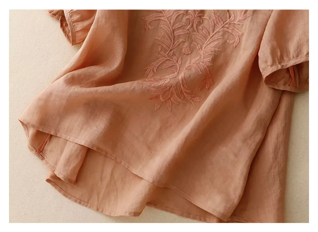 Embroidered Half Sleeve V-Neck Blouse, Cotton Linen - detail view
