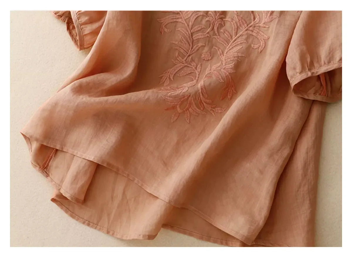 Embroidered Half Sleeve V-Neck Blouse, Cotton Linen - detail view