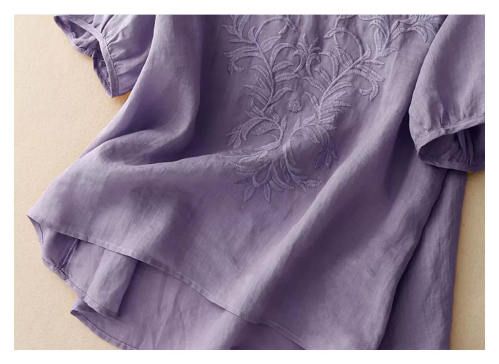 Embroidered Half Sleeve V-Neck Blouse, Cotton Linen - detail view