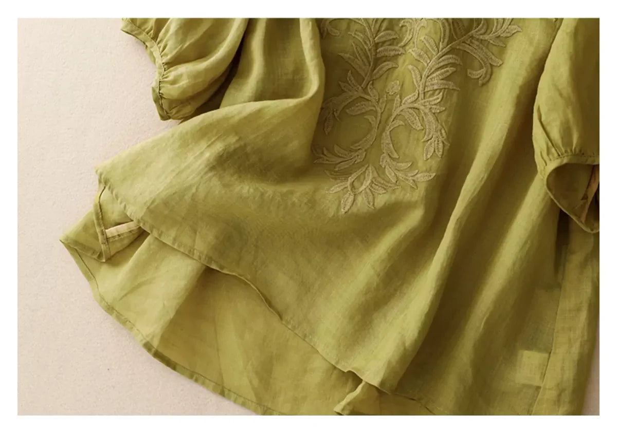 Embroidered Half Sleeve V-Neck Blouse, Cotton Linen - detail view