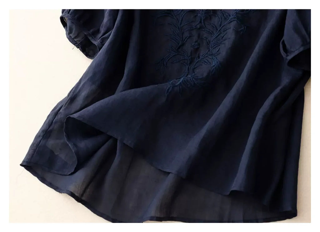 Embroidered Half Sleeve V-Neck Blouse, Cotton Linen - detail view