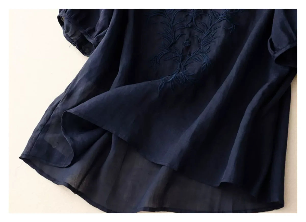 Embroidered Half Sleeve V-Neck Blouse, Cotton Linen - detail view