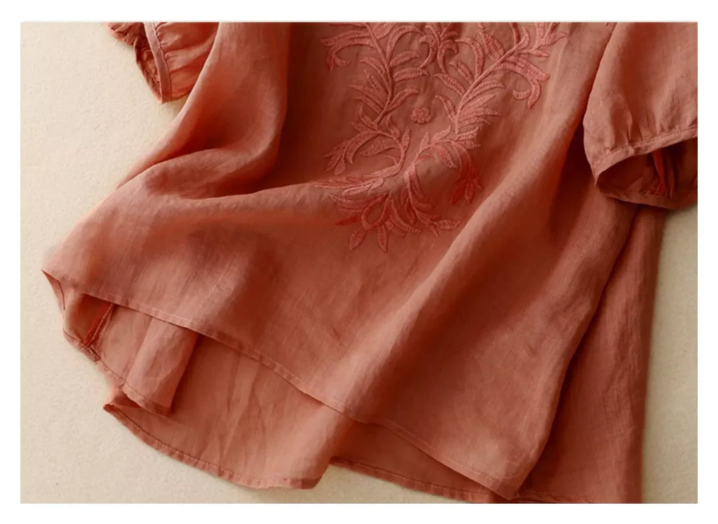 Embroidered Half Sleeve V-Neck Blouse, Cotton Linen - detail view