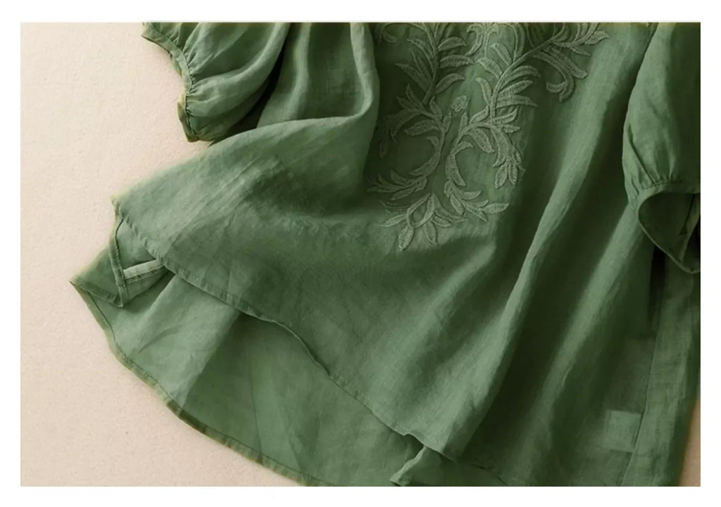 Embroidered Half Sleeve V-Neck Blouse, Cotton Linen - detail view