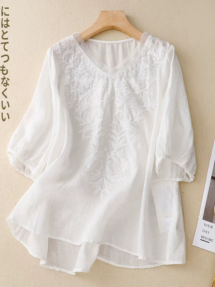 Embroidered Half Sleeve V-Neck Blouse, Cotton Linen - product view view