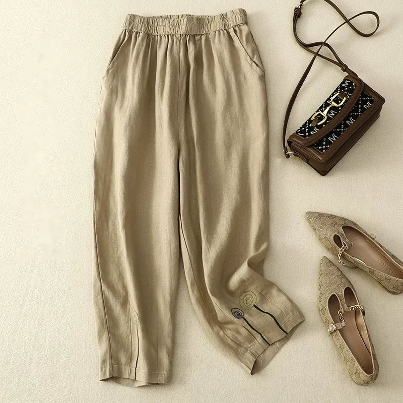 Embroidered Harem Pants Elastic Waist Cropped Tapered Leg Cotton Linen Blend