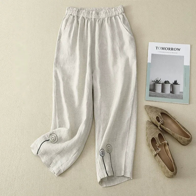 Embroidered Harem Pants Elastic Waist Cropped Tapered Leg Cotton Linen Blend