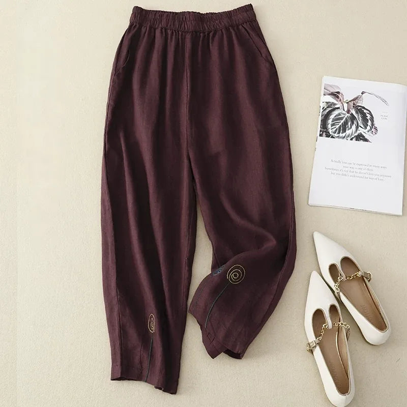 Embroidered Harem Pants Elastic Waist Cropped Tapered Leg Cotton Linen Blend