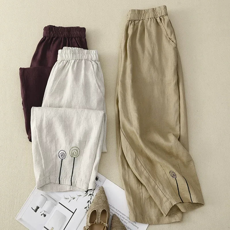 Embroidered Harem Pants Elastic Waist Cropped Tapered Leg Cotton Linen Blend