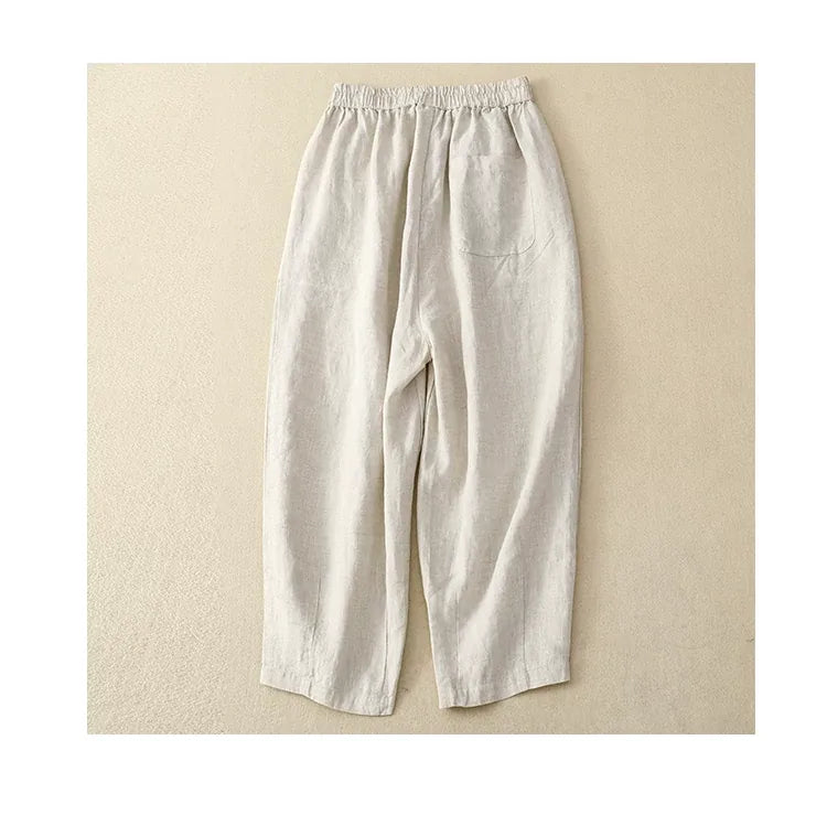 Embroidered Harem Pants Elastic Waist Cropped Tapered Leg Cotton Linen Blend