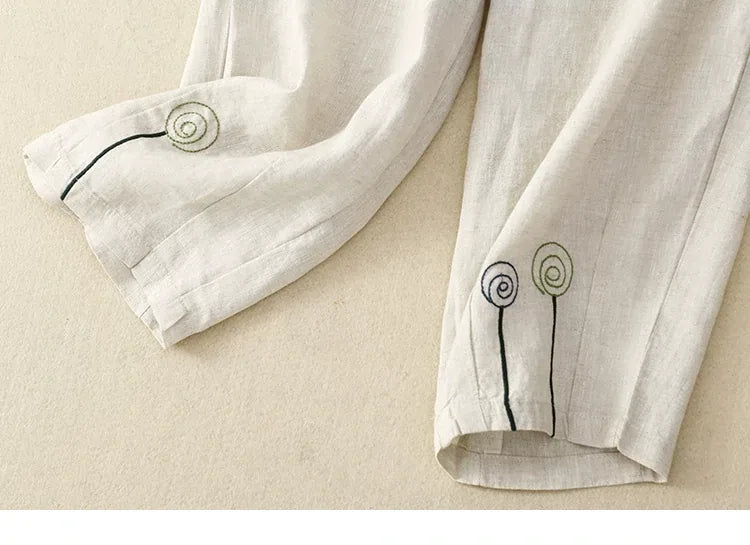 Embroidered Harem Pants Elastic Waist Cropped Tapered Leg Cotton Linen Blend