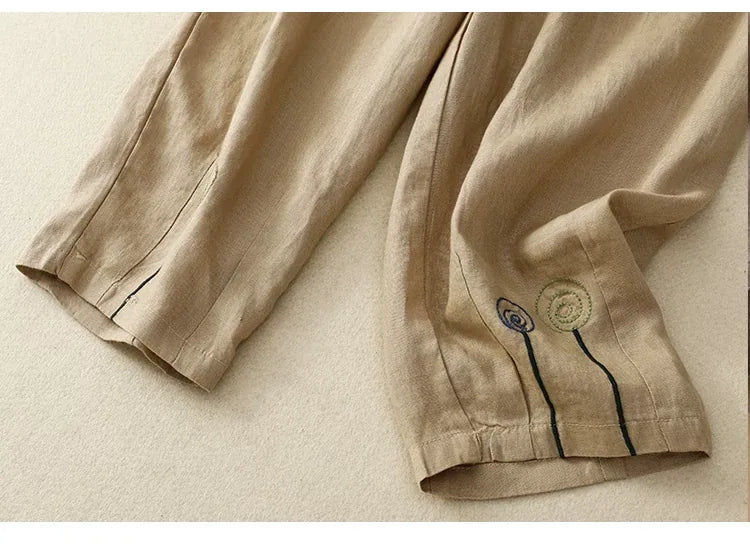 Embroidered Harem Pants Elastic Waist Cropped Tapered Leg Cotton Linen Blend