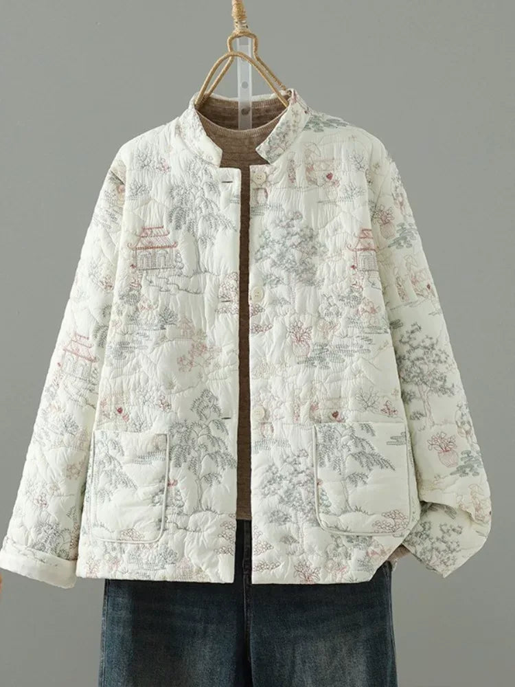 Embroidered Landscape Quilted Padded Jacket with Mandarin Collar