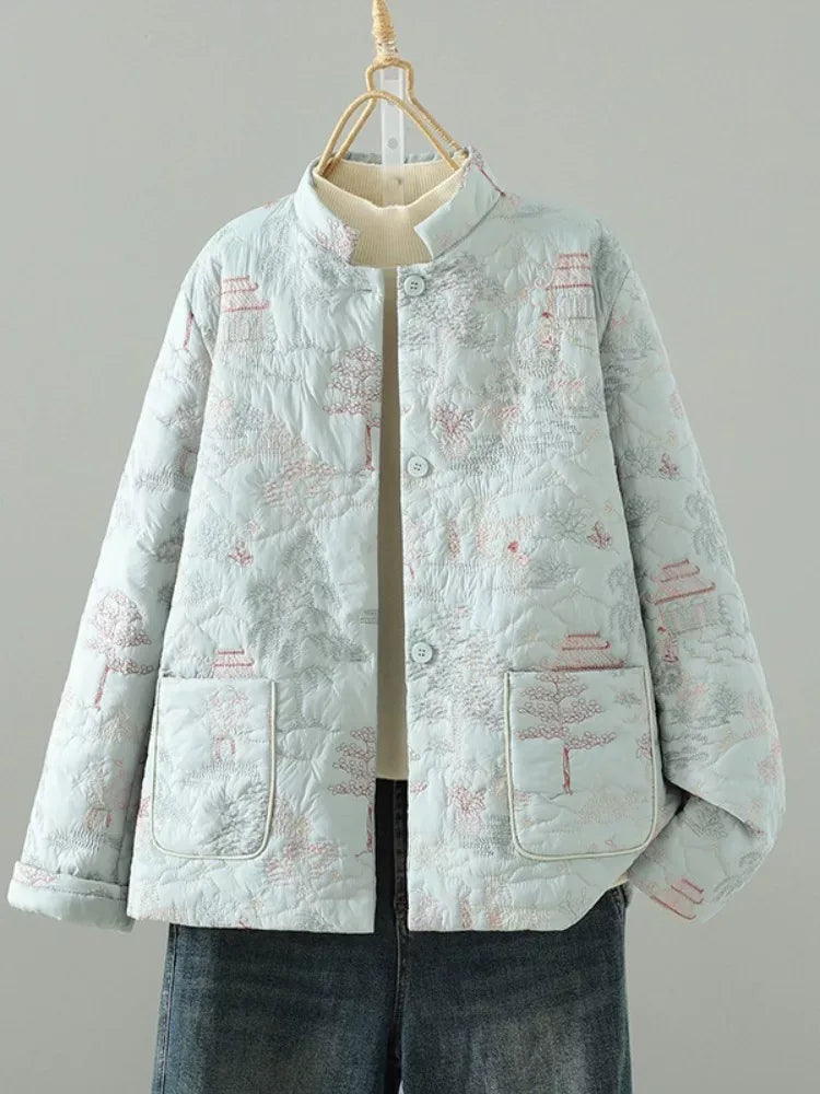 Embroidered Landscape Quilted Padded Jacket with Mandarin Collar