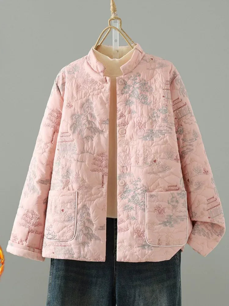 Embroidered Landscape Quilted Padded Jacket with Mandarin Collar