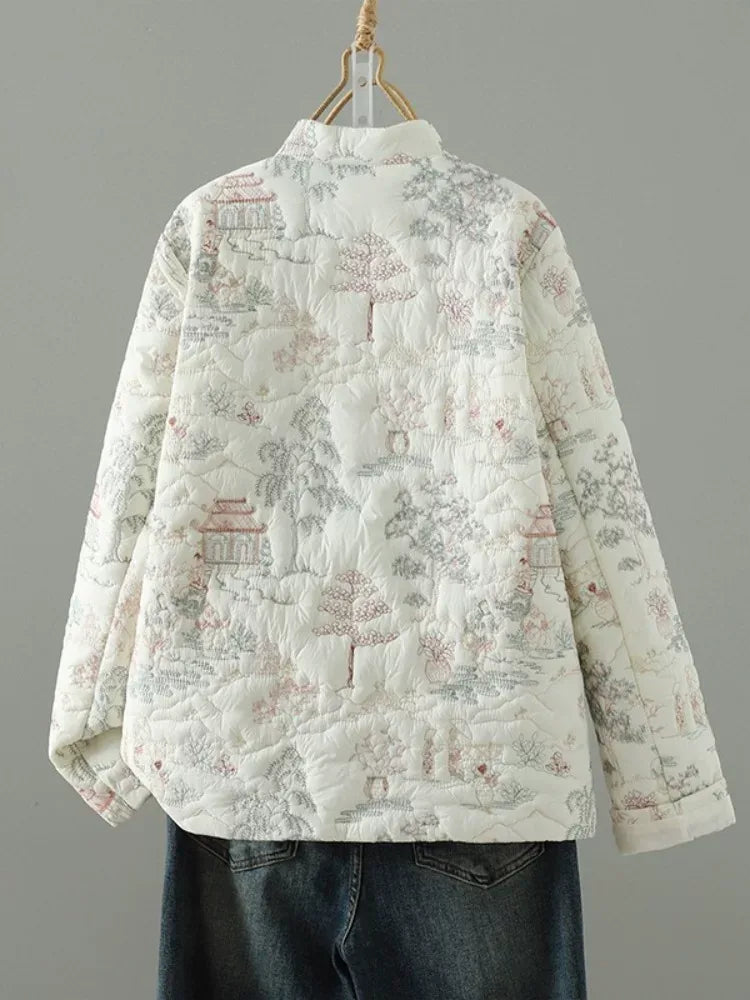 Embroidered Landscape Quilted Padded Jacket with Mandarin Collar