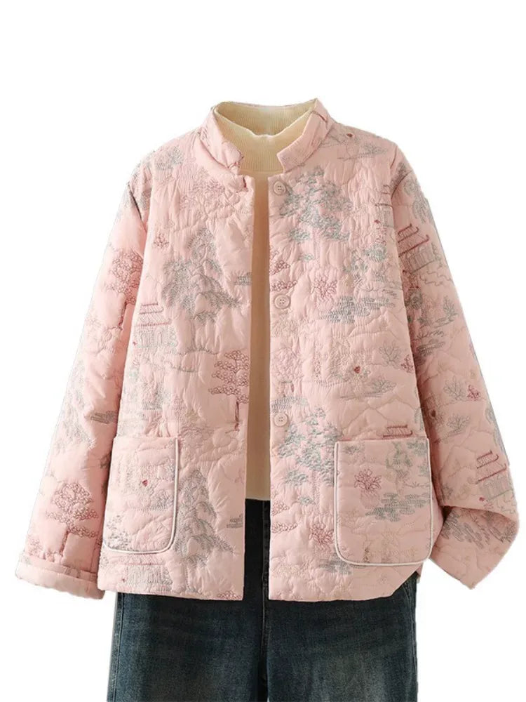 Embroidered Landscape Quilted Padded Jacket with Mandarin Collar