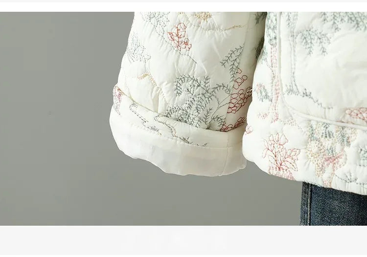 Embroidered Landscape Quilted Padded Jacket with Mandarin Collar